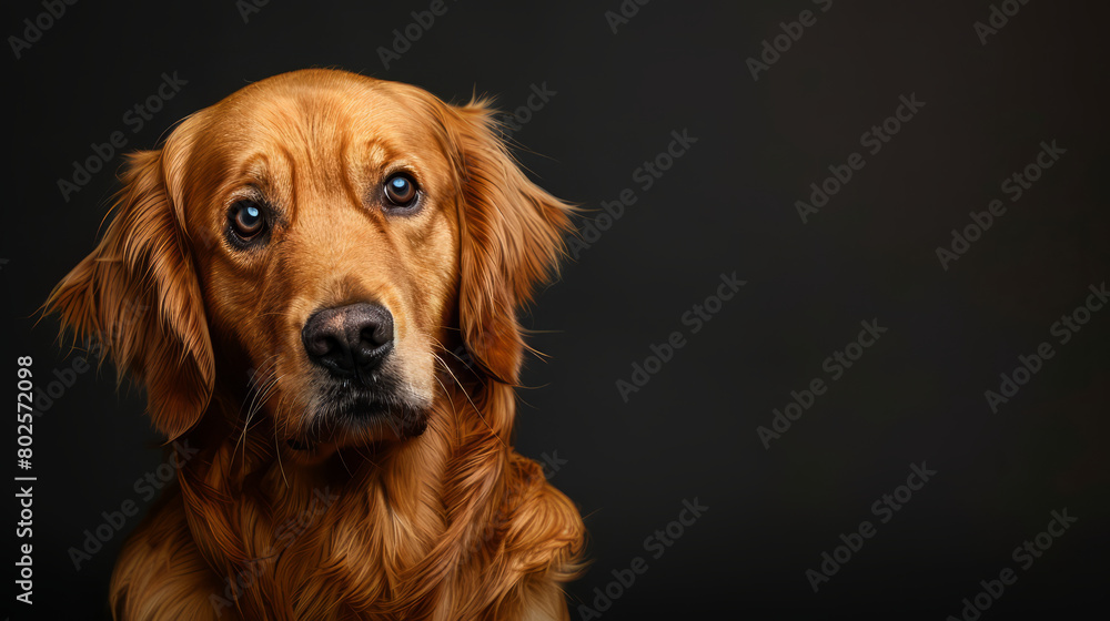 Sad golden retriever dog looking at camera isolated on dark background. Copy space for text on the side.