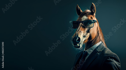 Cool looking horse wearing sunglasses  suit and tie isolated on dark background. Copy space for text on the side.