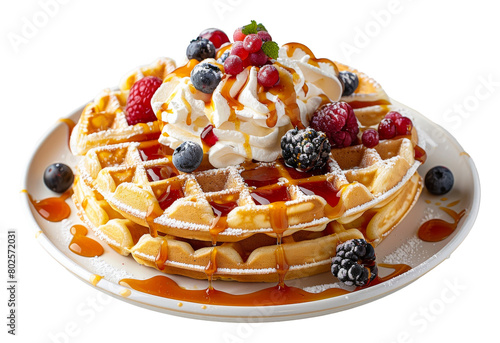Delicious waffles with berries and syrup isolated on transparent background photo