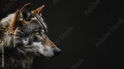 Cool looking wolf isolated on dark background. Copy space for text on the side.