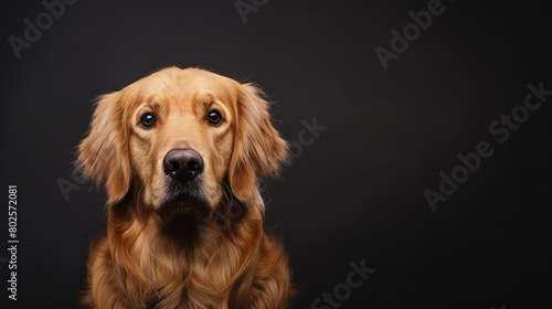 Sad golden retriever dog looking at camera isolated on dark background. Copy space for text on the side.