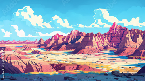 Beautiful scenic view of Badlands national park in minimal colorful flat vector art style illustration.