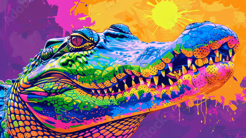 Portrait of crocodile in colorful pop art comic style painting illustration.