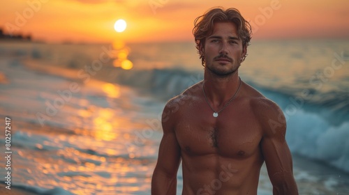 Handsome Young Muscular Man Posing at Sunset on a Beach