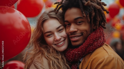 Happy Young Couple Embracing Among Red Balloons at Outdoor Festival