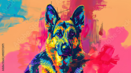 Portrait of german shepherd dog in colorful pop art comic style painting illustration.