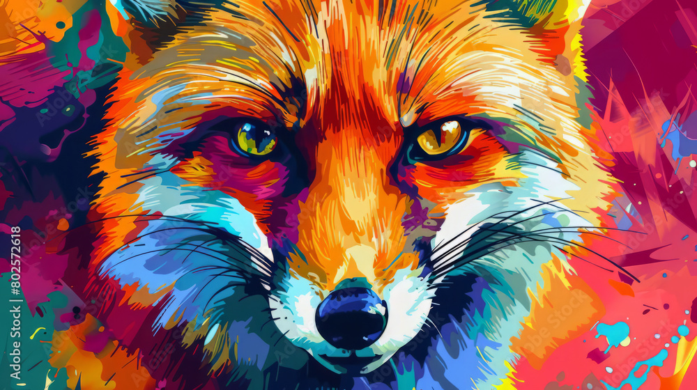 Portrait of fox in colorful pop art comic style painting illustration.