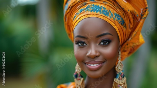Portrait of a Radiant Nigerian Woman in Traditional Attire with Colorful Headscarf