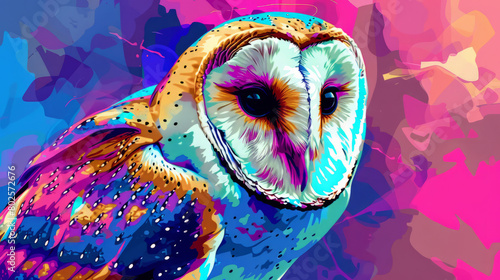 Portrait of barn owl in colorful pop art comic style painting illustration. photo