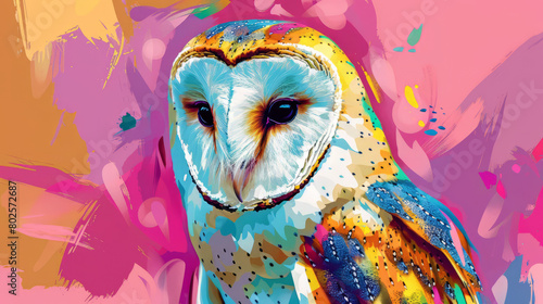 Portrait of barn owl in colorful pop art comic style painting illustration.