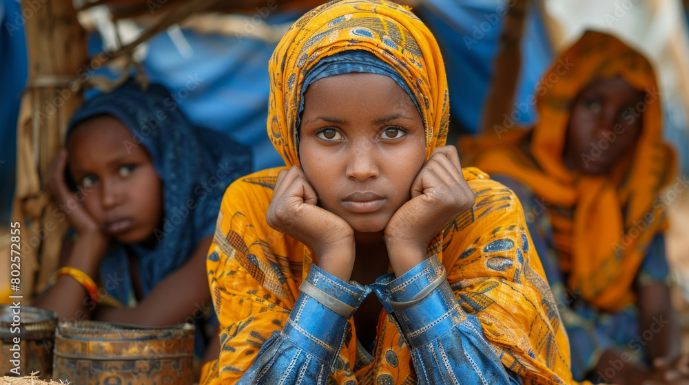 Portrait of Contemplative Young Girl in Traditional Mauritanian Clothing