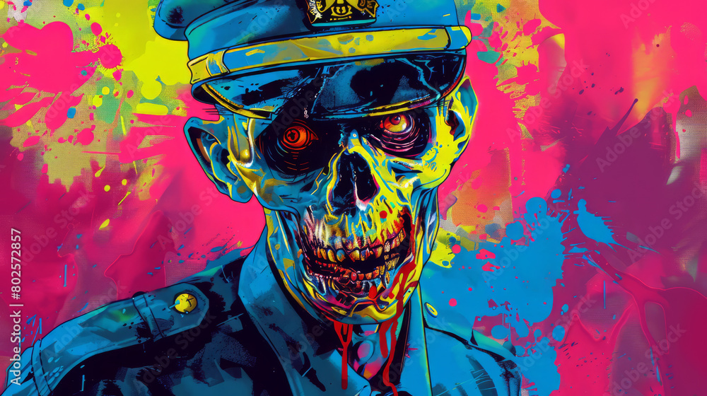 Portrait of police zombie in colorful pop art comic style painting illustration. Halloween theme concept.