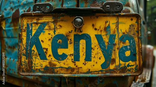 Vibrant Yellow Kenya License Plate on Weathered Blue Vehicle photo