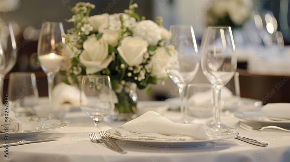 A beautifully set table with crisp white linens delicate china and polished silverware adds to the sophistication of the soirée. A beautifully set table with crisp white linens delicate china and polished silverware adds to the sophistication of the soirée.