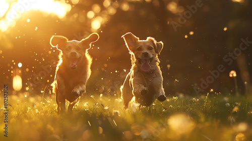 a delightful scene of two dogs running across a sunlit grassy field