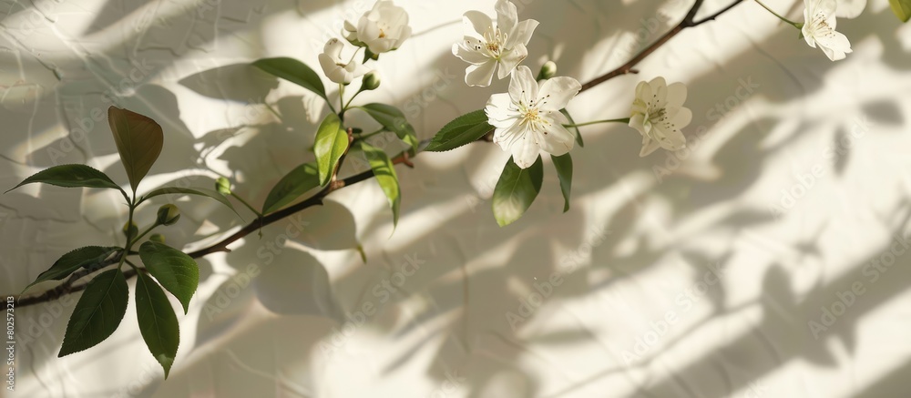 Flowers and buds blooming in the spring, with a cherry branch casting its shadow. Flowers and buds blooming in the spring, with a cherry branch casting its shadow.