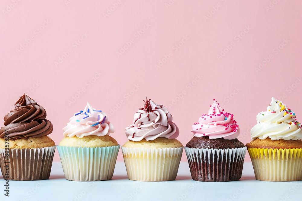 A row of cupcakes with different frosting designs. A row of cupcakes with different frosting designs.