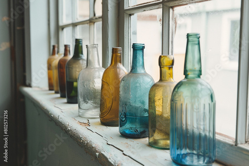 A row of empty glass bottles on a white windowsill.