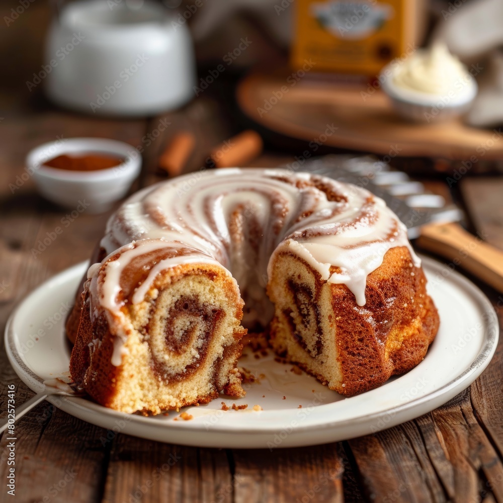 a Honey Bun Cake, freshly baked and served in a home kitchen a Honey Bun Cake, freshly baked and served in a home kitchen
