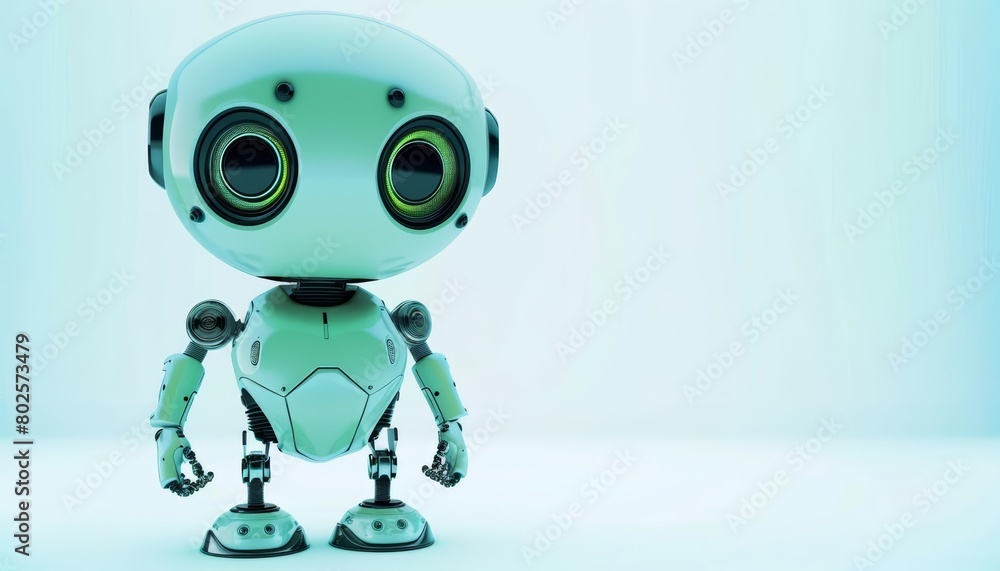 A 3D render of a cute robot with big eyes and round body in pastel green, Sharpen isolated on white background A 3D render of a cute robot with big eyes and round body in pastel green, Sharpen isolated on white background
