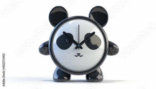 A 3D render of a cute pandashaped clock with oversized ears and a playful stance, Sharpen isolated on white background photo