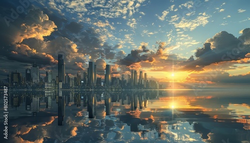A 3D render of a futuristic landscape with modern futuristic smart city elements, under a sky clouds at sunset, Sharpen Landscape background