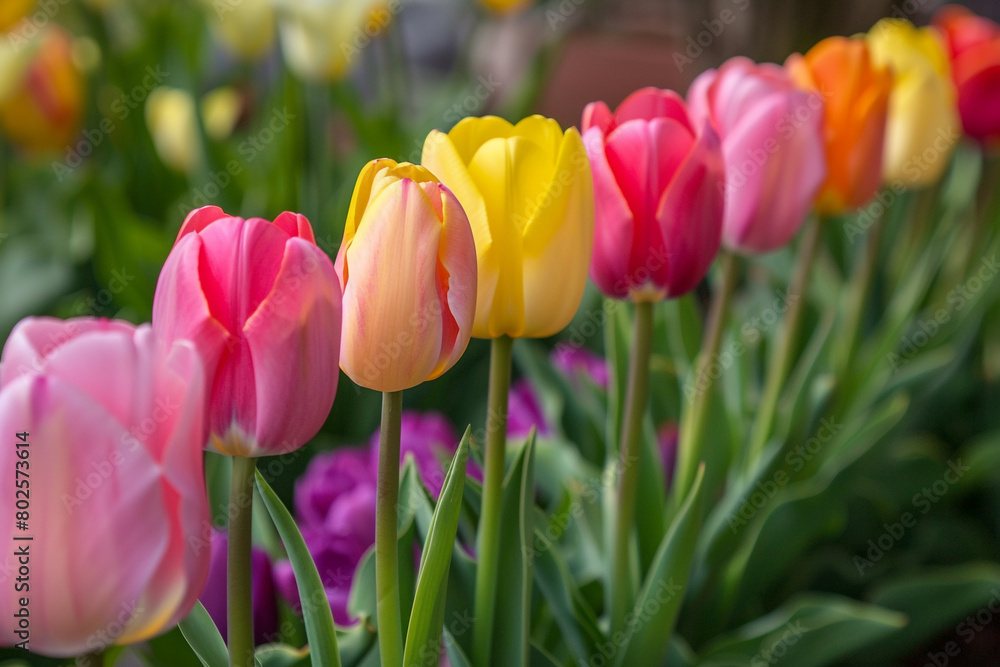 A row of colorful tulips bending slightly under a gentle spring breeze. A row of colorful tulips bending slightly under a gentle spring breeze.