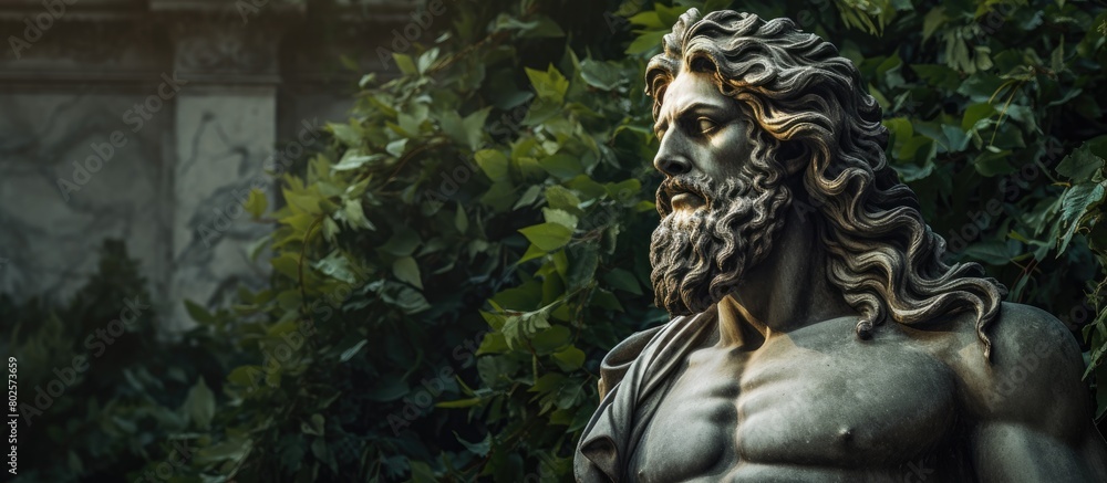 Majestic greek statue in lush garden