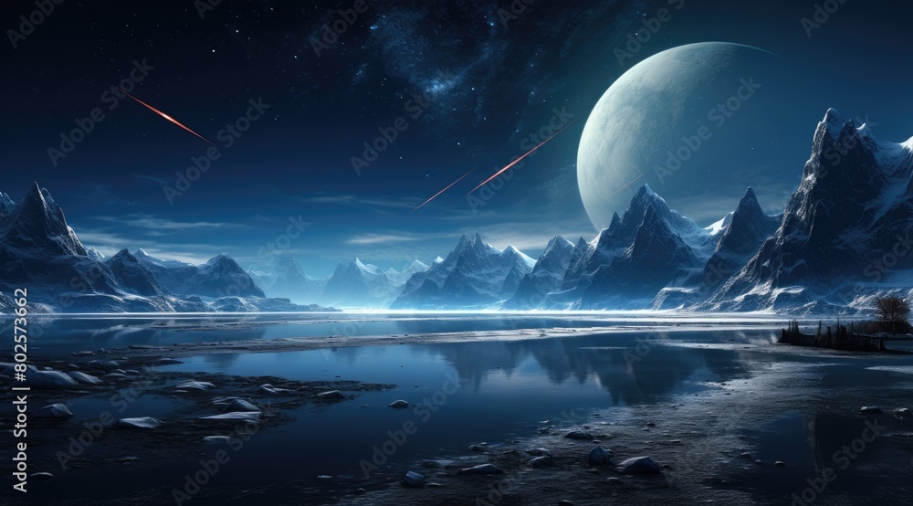 Serene alien landscape with majestic mountains and glowing moon