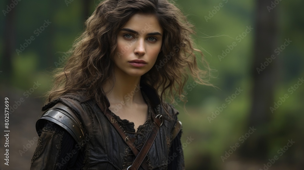 Mysterious woman with curly hair in the forest Mysterious woman with curly hair in the forest