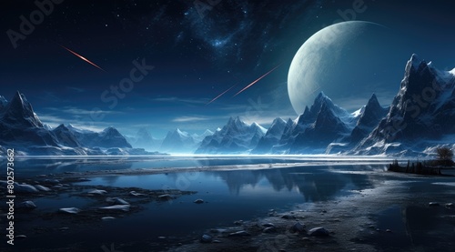Serene alien landscape with majestic mountains and glowing moon © Balaraw