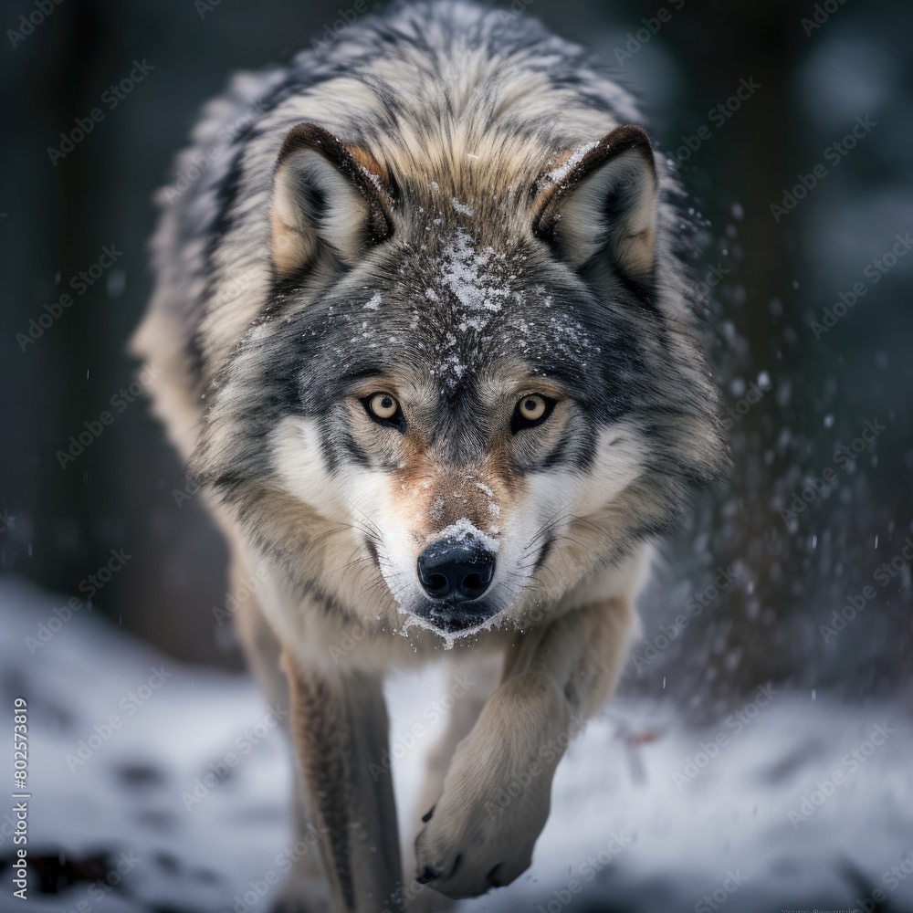 Majestic gray wolf in snowy winter landscape