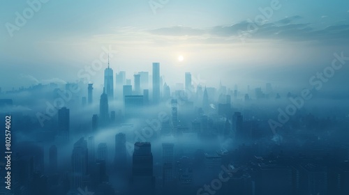A city skyline is shown in the fog with the sun setting in the background