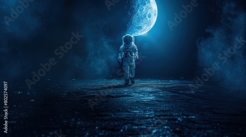 A man in a spacesuit stands on a rocky surface in front of a large moon photo