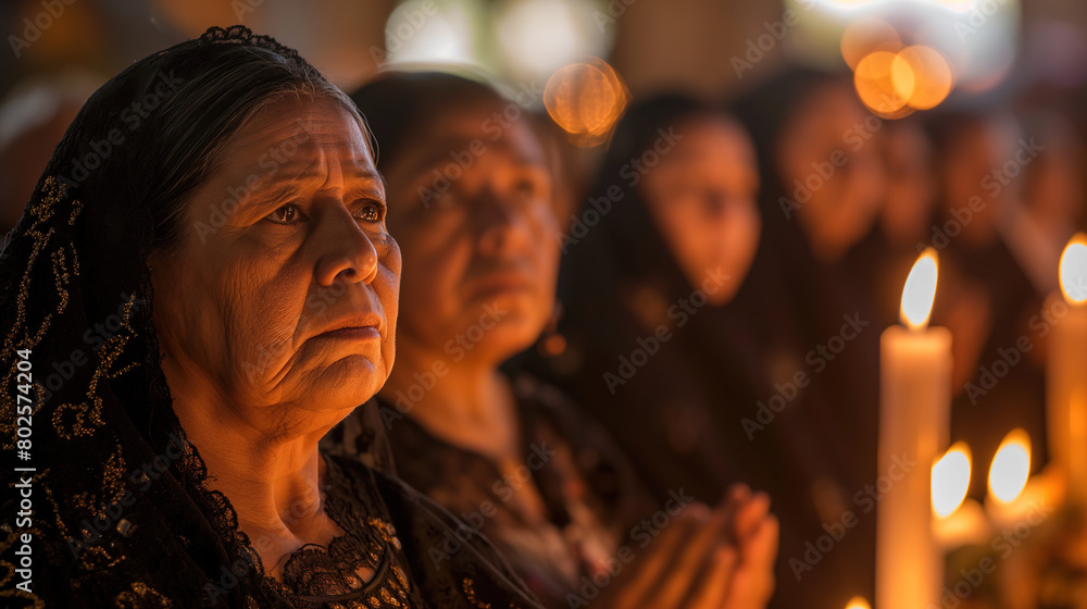  Mexican women in their sixties and seventies, wearing black headscarves on top of their hair, praying with hands folded while holding candles during an evening mass at church.hope and spiritual 