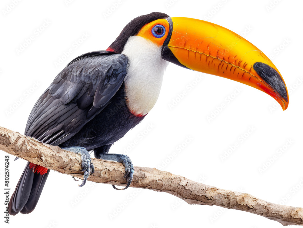 Fototapeta premium Colorful toucan sitting on a branch isolated on transparent background