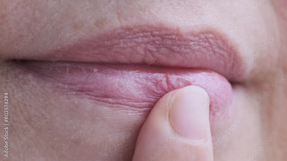 woman's finger checking dry lips, skin around female mouth, nasolabial folds, Women's Health and Self-Esteem concept, Aesthetics of Mature Age, Anti-aging Procedures woman's finger checking dry lips, skin around female mouth, nasolabial folds, Women's Health and Self-Esteem concept, Aesthetics of Mature Age, Anti-aging Procedures