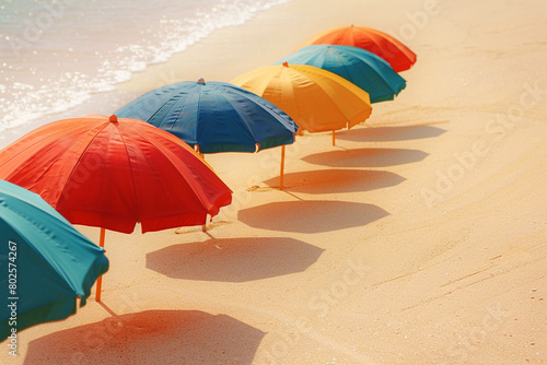 A row of colorful beach umbrellas casting long shadows on the sand. © Nature Lover