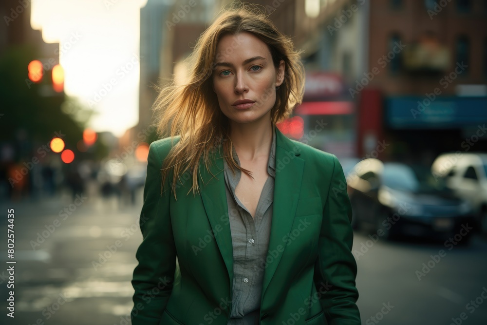 Confident woman in green coat walking in city street