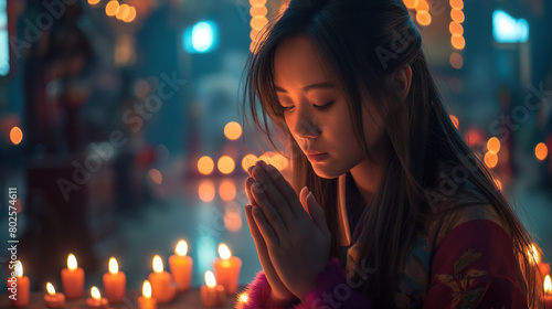  beautiful young Chinese woman prays with her hands clasped together, surrounded by candles and vibrant lights, creating an atmosphere of prayer for the New Year in ancient China