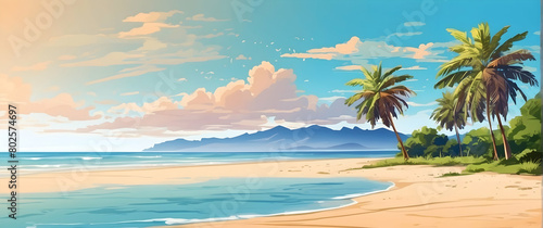 A beautiful digital painting of a serene tropical beach, complete with swaying palms and a reflective shore