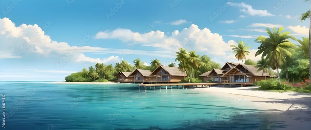 A serene beach scene with thatched-roof overwater bungalows, turquoise water, and lush palms inviting relaxation and escape A serene beach scene with thatched-roof overwater bungalows, turquoise water, and lush palms inviting relaxation and escape