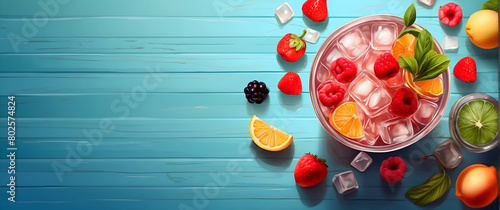 Vibrant fruit punch bowl surrounded by ice cubes and various fruits on a blue wooden background in a summer setting