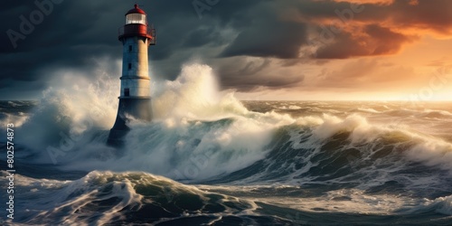 Dramatic lighthouse in stormy ocean landscape
