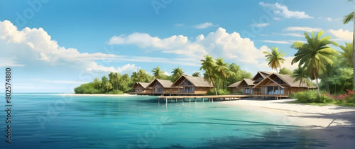 A serene beach scene with thatched-roof overwater bungalows  turquoise water  and lush palms inviting relaxation and escape