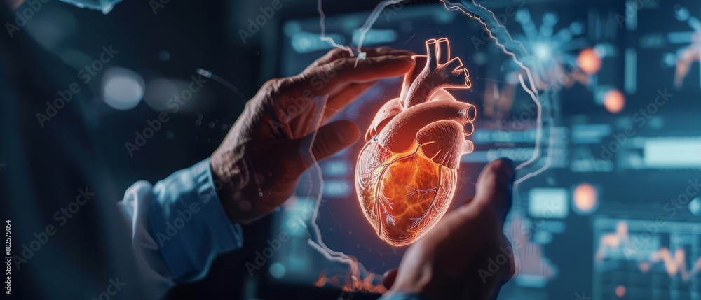 Fototapeta premium Cardiologists analyze a 3D model of a beating heart