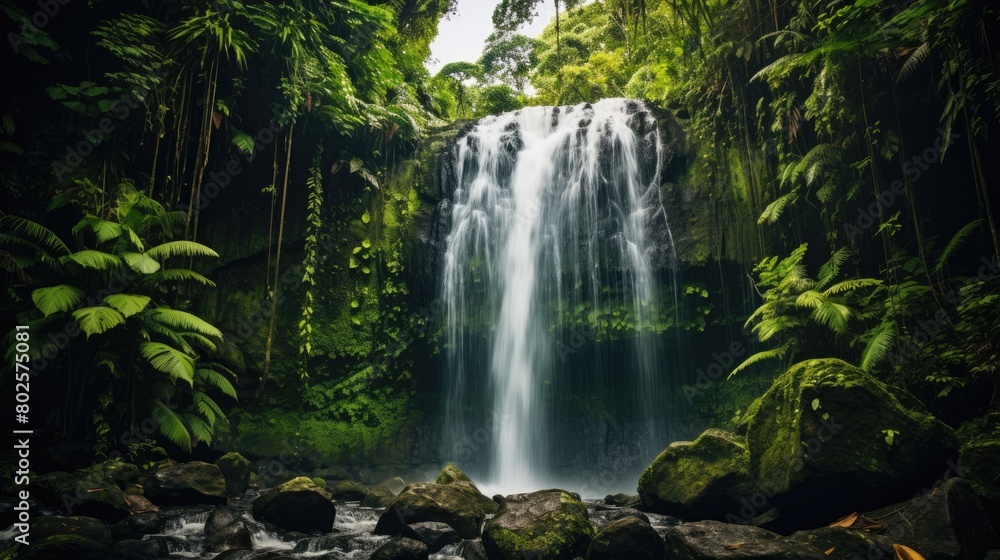 Lush tropical waterfall in green jungle landscape