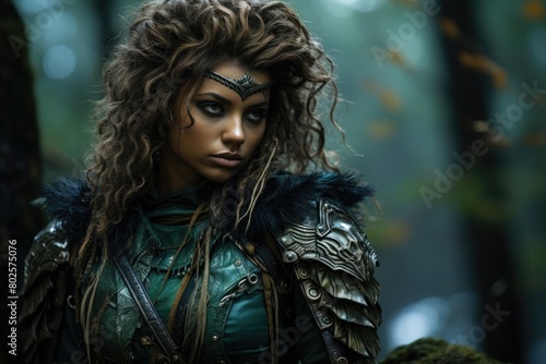 Mysterious warrior woman with curly hair and dark makeup