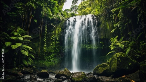 Lush tropical waterfall in green jungle landscape