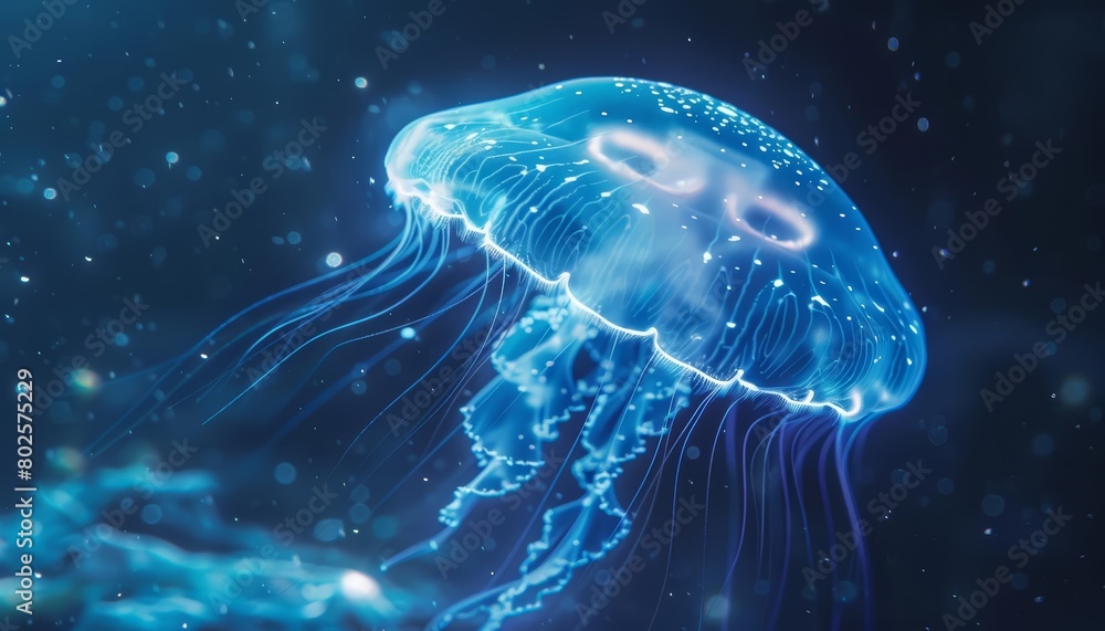 Fototapeta premium Close up cyber concept of a fluorescent jellyfish swimming in deep ocean